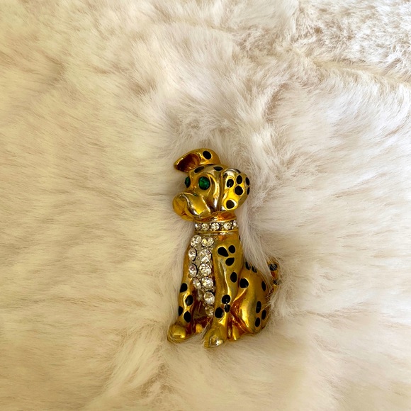 Dog Pin Brooch Gold Crystal Rhinestones Black Enamel Spots Spotted Dog Dalmation - Picture 4 of 11